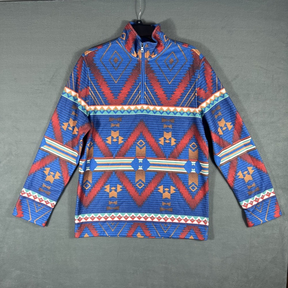 Men's Aztec Navajo Tribal‎ Print 1/4 Zip Pullover Fleece Sweatshirt Size M Blue
